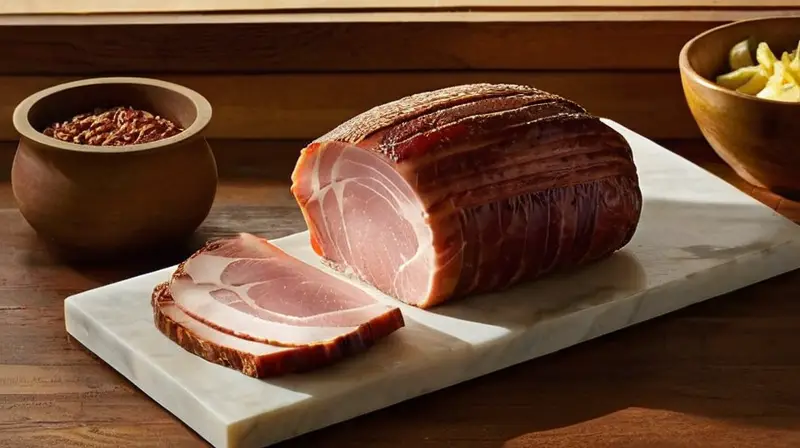 Un rodaje de jamón ibérico curado se presenta en una tabla oscura sobre una servilleta natural en un ambiente soleado con débiles sombras
