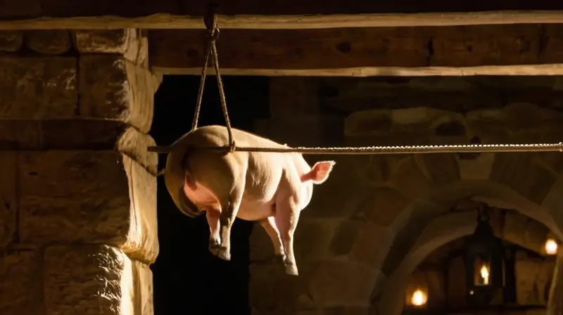 En una cámara de cueva oscura y rustica se colgó un cerdo ibérico en una horca metálica rodeado por el olor a jamón curado