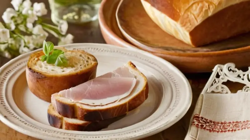 Una mesa de madera con un trozo de jamón ibérico sobre una manta de lienzo descansa bajo la luz amortiguada del día