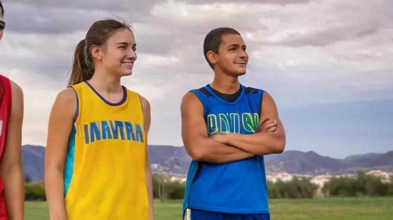 Un grupo de niños jugando al baloncesto en un campo a la luz de un cielo soleado