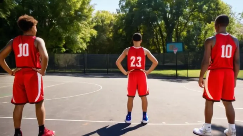 Un grupo de jugadores jóvenes de baloncesto disfrutan de un juego en una cancha descuidada al aire libre bajo el calor del sol