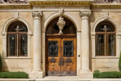 Un museo histórico conserva una fachada de piedra natural gastada con detalles arquitectónicos ornamentales y señales visibles de envejecimiento