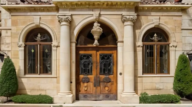 Un museo histórico conserva una fachada de piedra natural gastada con detalles arquitectónicos ornamentales y señales visibles de envejecimiento