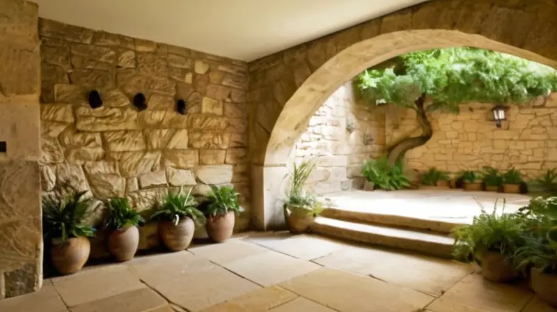 Un espacio interior con muros de rocas naturales y bancos de madera rustica rodeado de verde intenso y bien iluminado por la luz natural filtrada