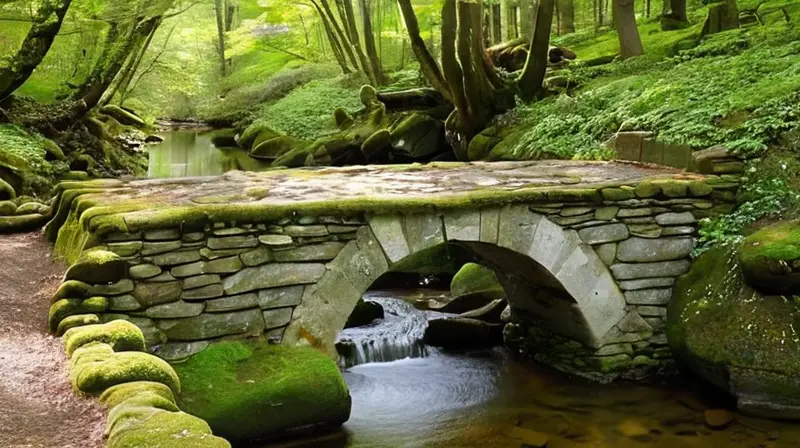 Un puente de piedra antiguo con arcos desgastados cruza un brote cristalino rodeado de vegetación y sombreado por el sol