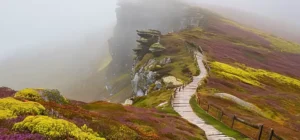 Un paisaje montañoso con valles ondulados y rocas de granito cubiertas de musgo