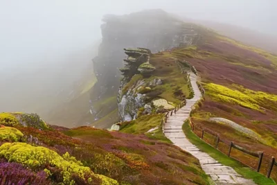 Un paisaje montañoso con valles ondulados y rocas de granito cubiertas de musgo