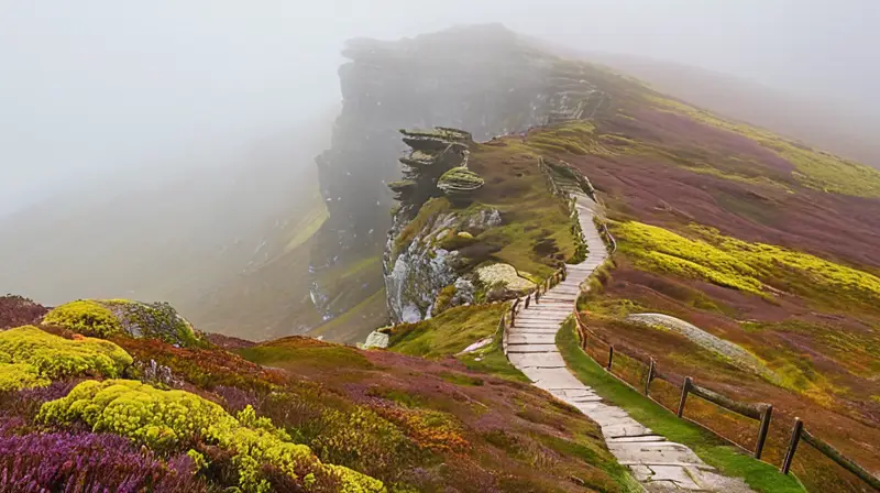 Un paisaje montañoso con valles ondulados y rocas de granito cubiertas de musgo