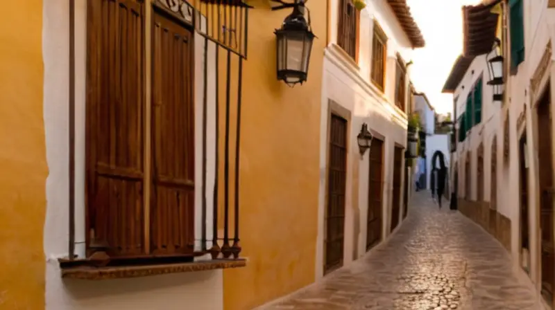 Una estrecha calle de Aracena brillaba bajo el sol crepuscular con una mezcla de luz dorada y sombras oscuras