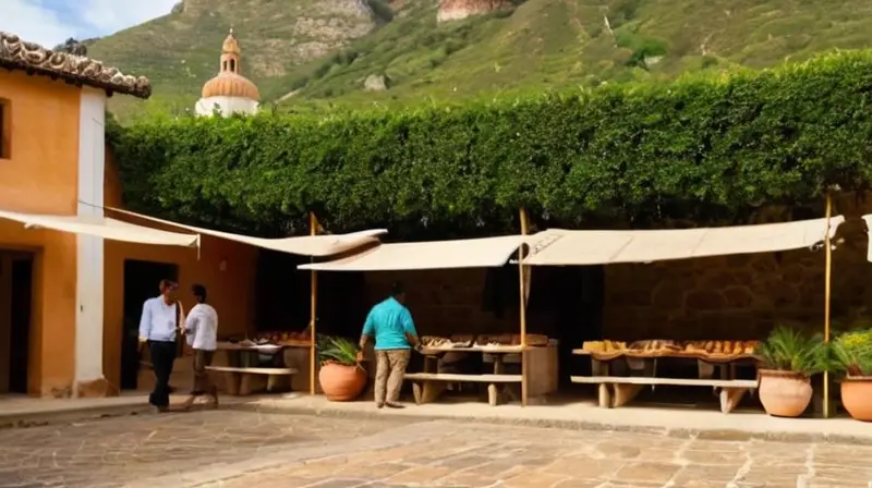 La calle empedrada de un pueblo antiguo se desciende en medio de una valle rodeado de montañas verdes