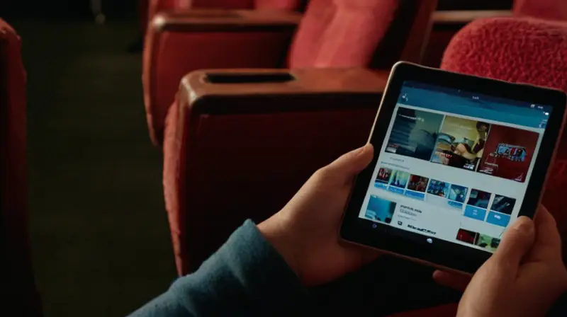 Una niña pequeña sostiene un tablet en una pantalla de cine abandonada con luz suave entrando a través de las ventanas superiores