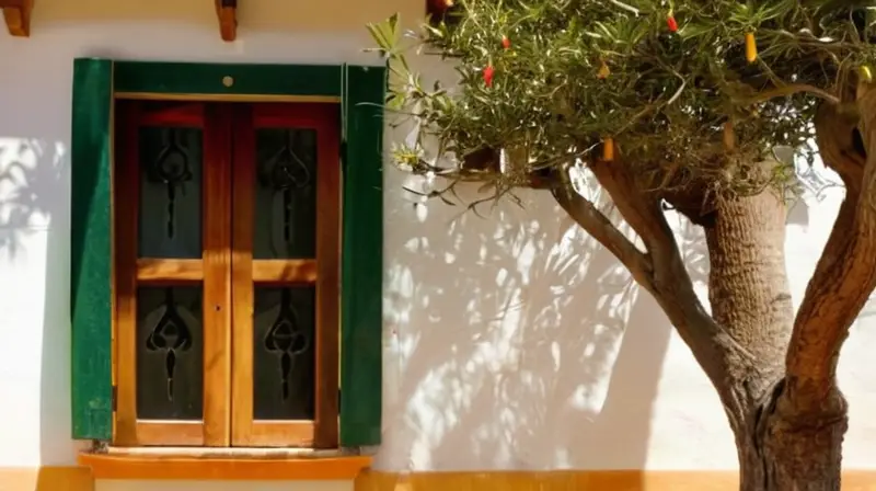 La fachada blanqueada de una casa andaluza tradicional se mezcla con la vegetación y las luces decorativas en un paisaje envuelto en suavidad