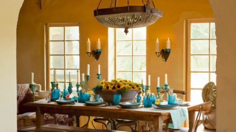 Una mesa rústica de madera sostiene una fuente cerámica con colores brillantes sobre un mantel blanco y alrededor hay una escena animada de gente comiendo en un ambiente acogedor y rústico