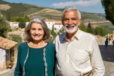 Una anciana con facciones arrugadas y cabello gris se acerca a una niña sonriente rodeada de un paisaje charmeur en Aracena