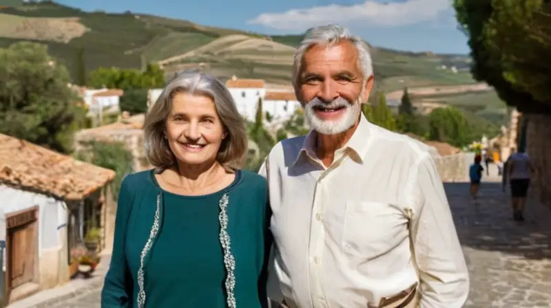 Una anciana con facciones arrugadas y cabello gris se acerca a una niña sonriente rodeada de un paisaje charmeur en Aracena