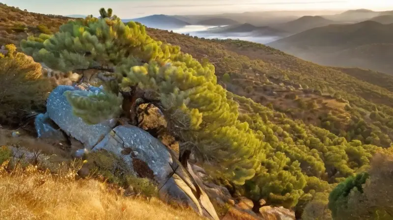 La imagen muestra una tierra de granito áspera con montañas y un cielo nublado en un ambiente matinal