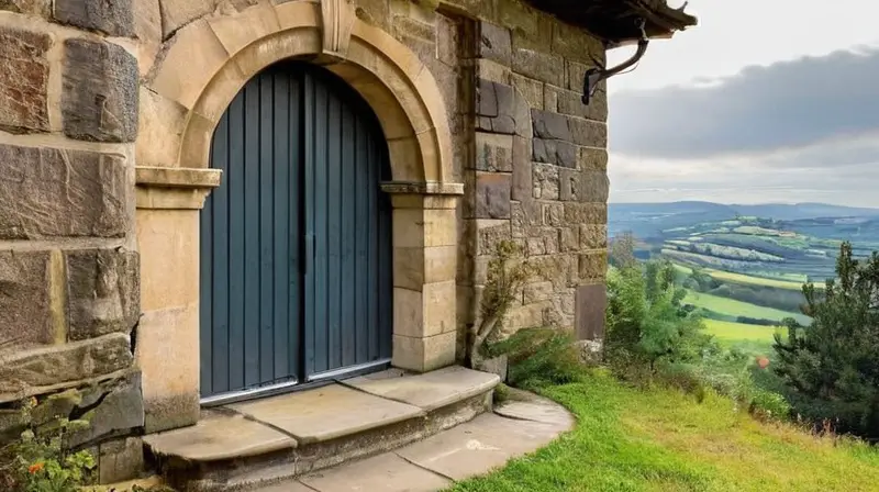Una puerta de piedra antigua con un dientes de león como aldaba y dos arcos adornados se alza majestuosamente entre la naturaleza