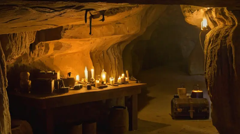 Una cueva antigua cuenta con cristales y objetos antiguos distribuidos en su entrada, junto a una puerta de madera rústica que conduce a un túnel oscuro sin fin