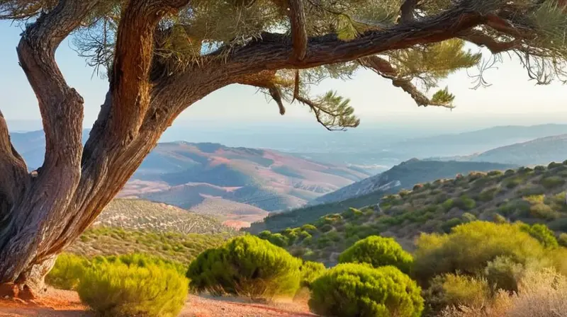 Un paisaje amplio y variado de colinas verdes y suelos rojizos se extiende hasta el horizonte, con árboles desnudos y ramas esponjosas mecidas por la brisa