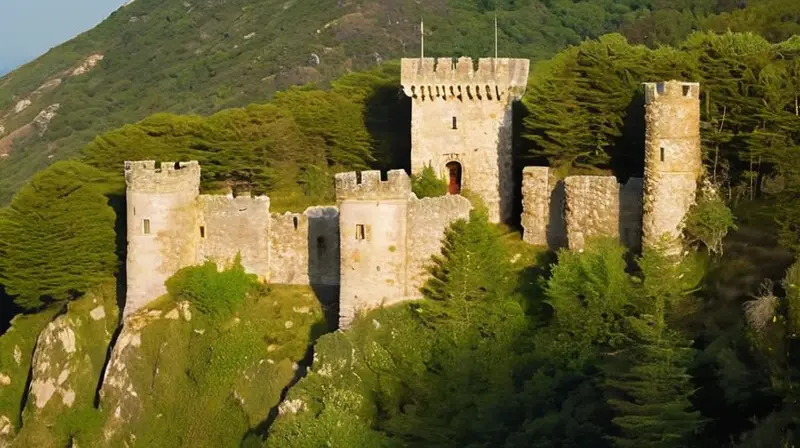 Un castillo en ruinas está rodeado de una naturaleza salvaje y verde