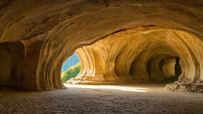 Las cuevas son un lugar de belleza natural con paredes de piedra caliza amarillenta cubiertas de musgo y misteriosas sombras