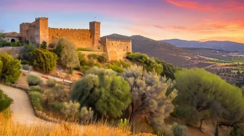 La vista es un paisaje bucólico de casas blancas rodeadas por muros de piedra y eucaliptos, con el Castillo de Aracena en el fondo