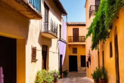 La ciudad tiene calles empedradas bordeadas por casas antiguas con fachadas irregulares y tejados de terracota bajo la sombra de palmeras