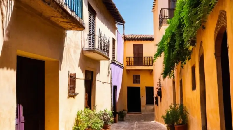 La ciudad tiene calles empedradas bordeadas por casas antiguas con fachadas irregulares y tejados de terracota bajo la sombra de palmeras