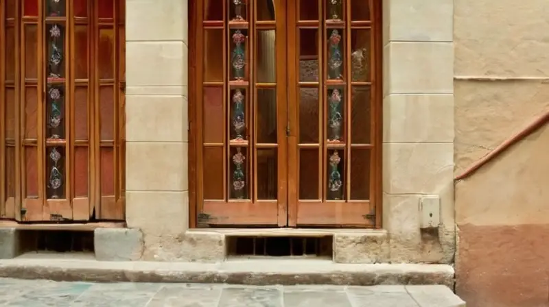 Una entrada de la ciudad presenta un edificio con un estuco desgastado, una puerta azul turquesa y ventanas con patrones florales