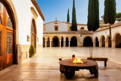 El casco antiguo de un pueblo andaluz ilumina con calor en una tranquilidad que se filtra desde un plazoleta en medio del paisaje