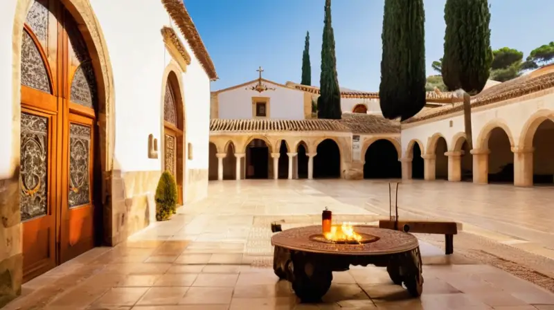 El casco antiguo de un pueblo andaluz ilumina con calor en una tranquilidad que se filtra desde un plazoleta en medio del paisaje