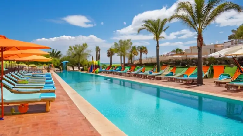 El clima relajante de un parque acuático con suelos de madera sombreados, agua cristalina y un horizonte a una ciudad antigua