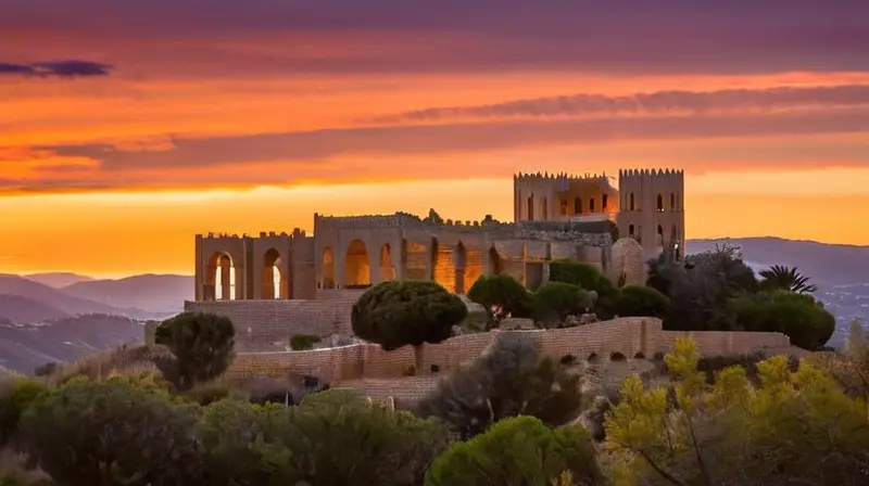 Un templo ibérico antiguo se alza en una colina arenosa y rodeado de olivos bajo un cielo color pastel con el atardecer