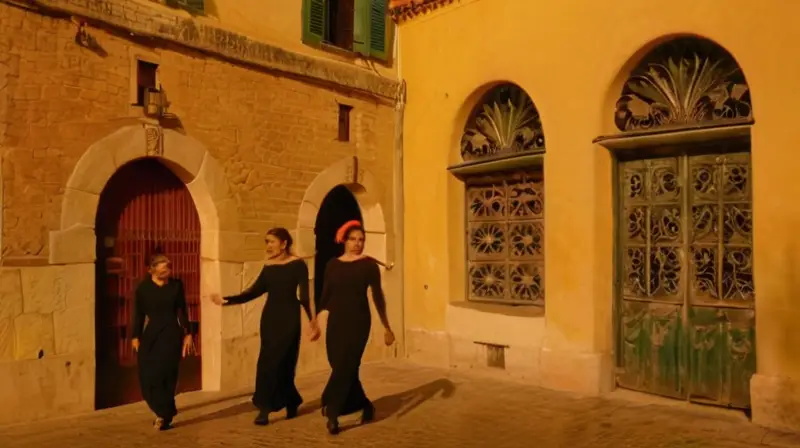 La imagen captura una quietud española con tres mujeres conversando en una plaza iluminada por faroles