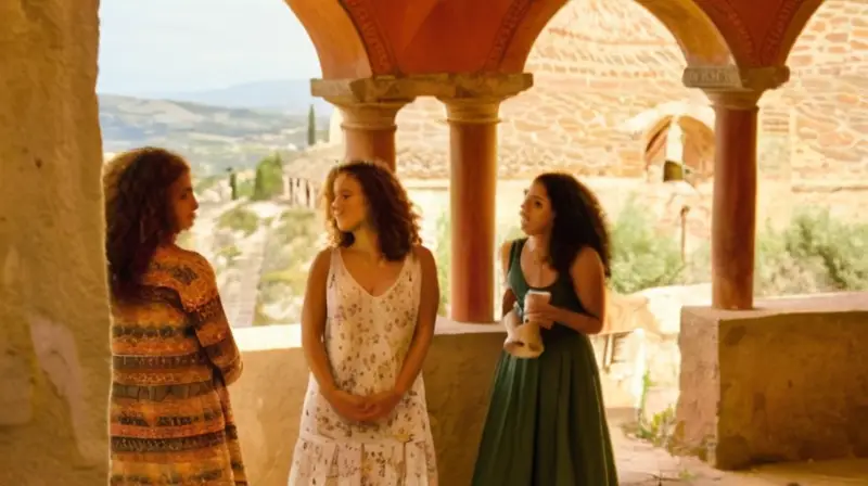 Un grupo de jóvenes mujeres con diversas tonalidades de piel y estilos de cabello ondulado se reúnen en frente de una iglesia antigua española rodeadas de una mezcla auténtica de cultura y naturaleza