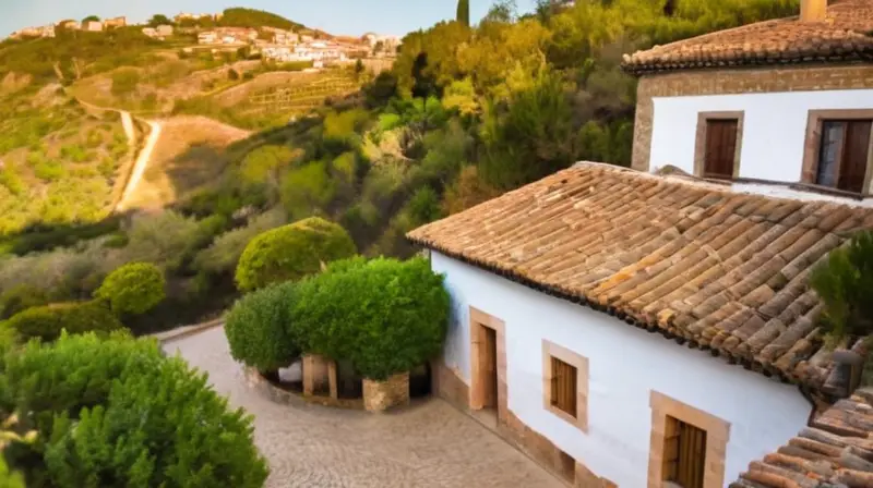 El escenario es una pintoresca aldea mediterránea con casas de terracota y tejados cubiertos de musgo en un paisaje ondulado