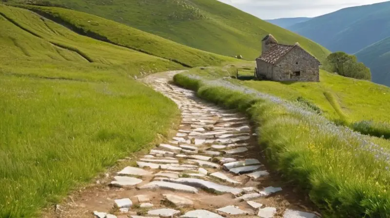 La vista muestra una montaña ondulada y verde con edificios rústicos en la colina y un antiguo capilla en el fondo, bañados por la luz solar que ilumina el relieve natural de los detalles