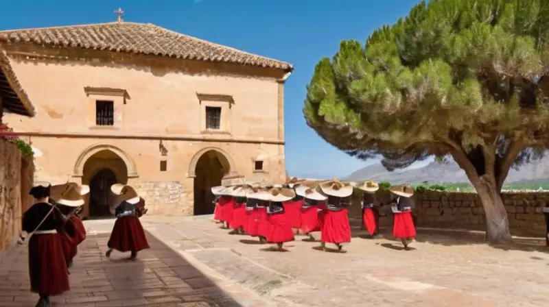 La escena muestra un pueblo medieval español con una iglesia vieja en el centro rodeado por edificios antiguos y un jardín tranquilo bajo un cielo azul brillante