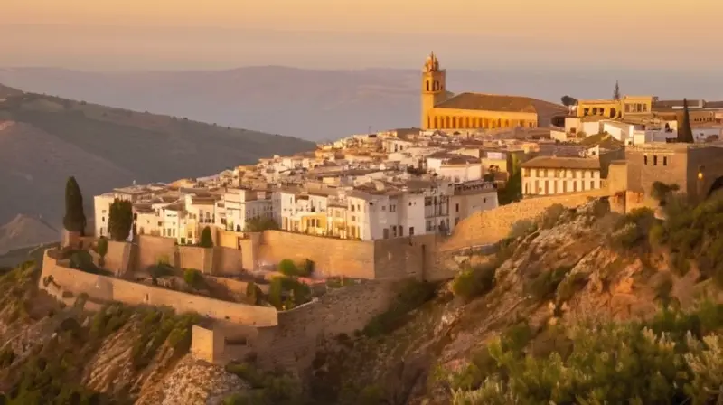 La aldea de montaña andaluza brilla con un resplandor dorado en el crepúsculo, rodeada por arquitectura morisca y olivos centenarios