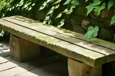 Un piso de piedra rústico conecta una bancal con una muralla lateral cubierta de hiedra en un entorno tranquilo