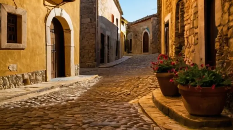 Un antiguo portón de piedra se abre al mostrar una calle tranquila bañada por la luz lunar en el casco antiguo de Aracena