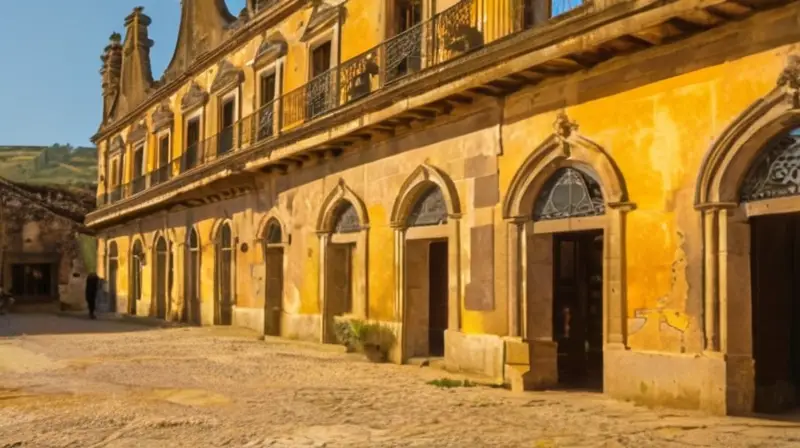 La plaza central de una pequeña villa rural está llena de edificios antiguos con fachadas deterioradas y habitantes vestidos sencillamente caminando por calles empedradas