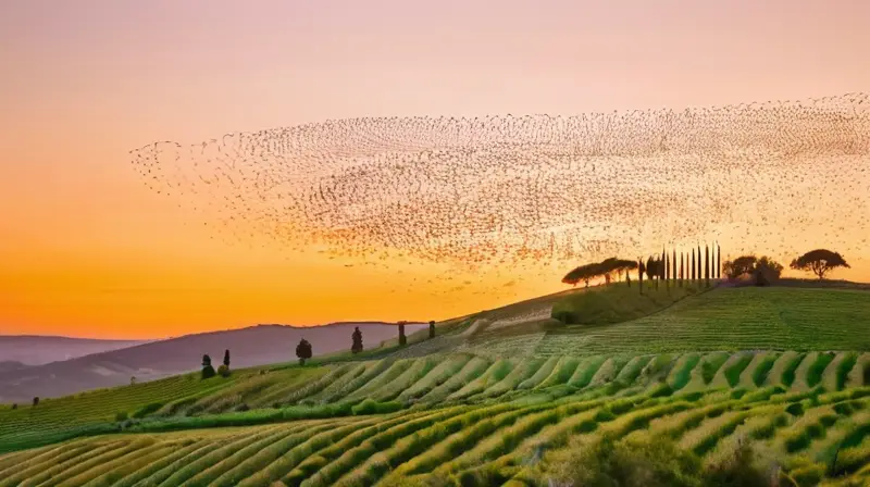 Un grupo de estorninos llena el cielo sobre las colinas ibéricas