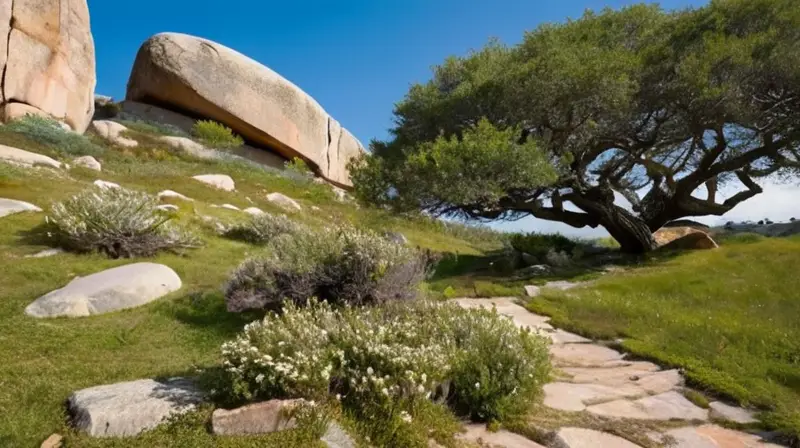 El paisaje es un valle rural con colinas onduladas, árboles secos y una hermosa panorámica azul