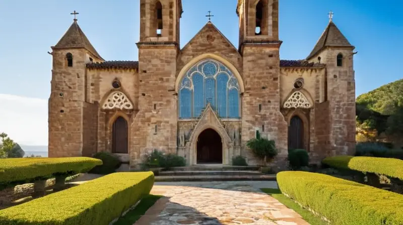 El majestuoso castillo medieval con su torre gótica se alza contra un cielo azul claro rodeado de verdeantes colinas y montañas