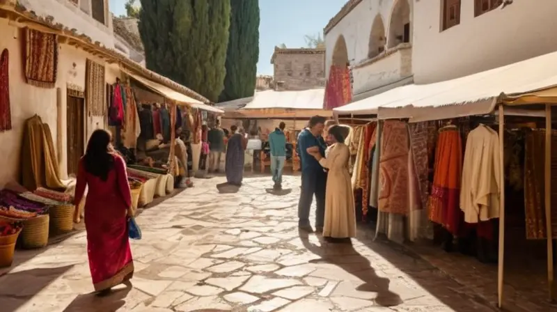 Una multitud de personas admira los tejidos tradicionales andaluces con colores vivos y patrones intrincados en una calle encantadora rodeada de casas blanqueadas y árboles centenarios