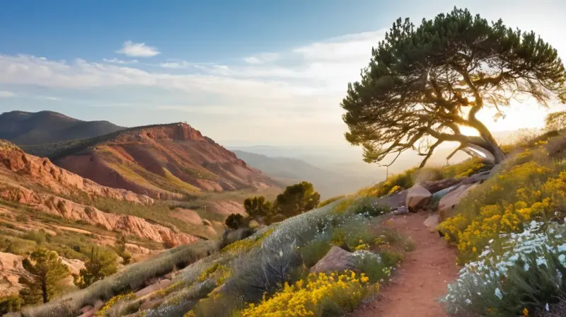 Una escena montañosa soleada y acogedora presenta una mezcla de colores naturales en un paisaje pintoresco