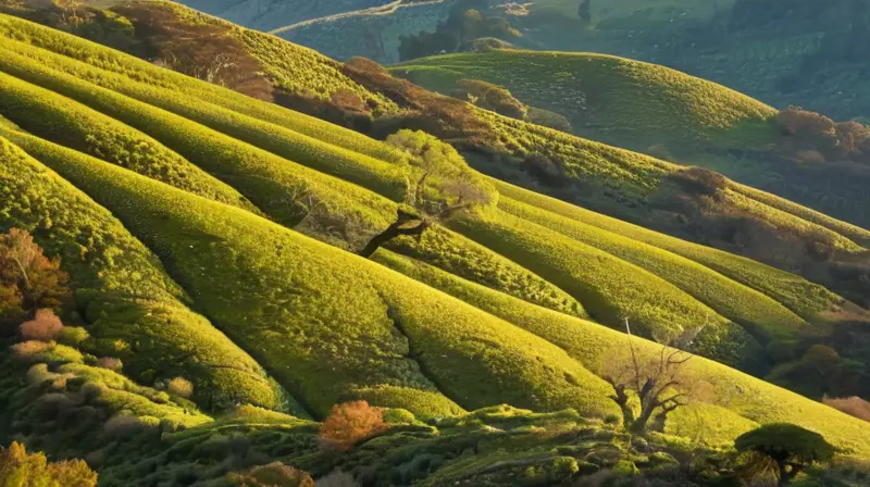Un bosque de encinas abraza el paisaje formado por colinas onduladas de roca granítica y esquistos bajo un cielo azul pálido con nubes lenticulares