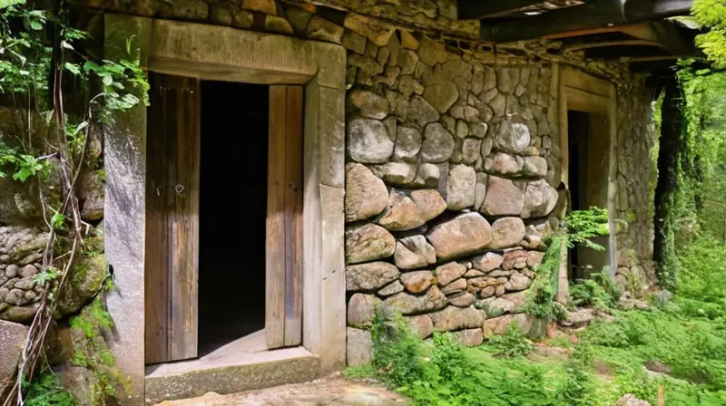 Un edificio de una mina antigua se yergue entre la vegetación exuberante del bosque español con paredes desgastadas y una puerta de madera que cuelga torpemente