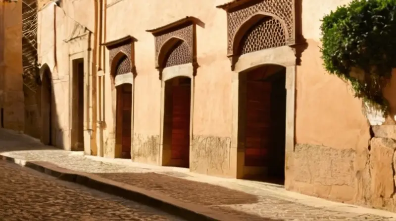 La calle principal de una antigua población española es un paisaje de armonía entre estilos árabes y medievales con luces suaves que destacan la belleza de sus fachadas, calles y edificios